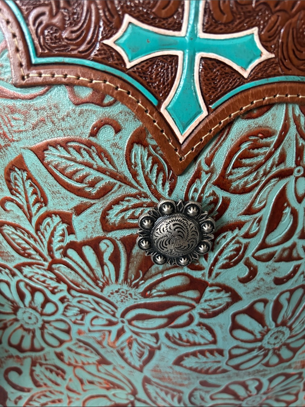 Myra Bag NWT Turquoise Floral Tooled Leather Suede Fringe Crossbody Bag w/ Pouch - Picture 3 of 9